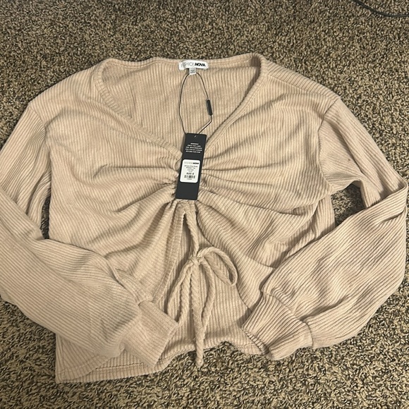 Tan ribbed tie front sweater top - Picture 2 of 2